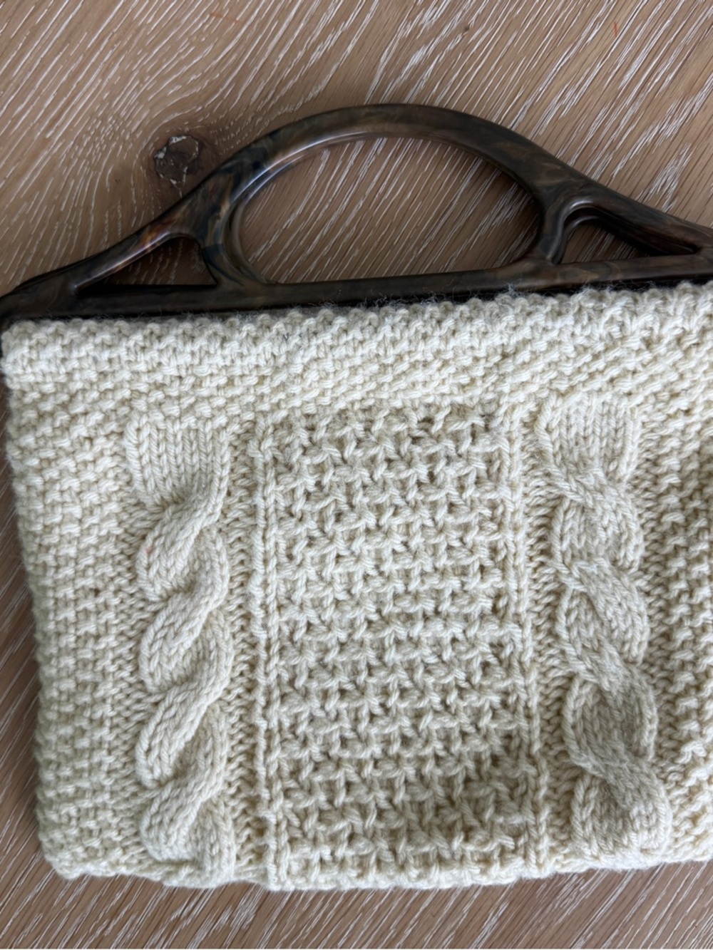 Cream Cable-Knit Clutch with Tortoiseshell Handle